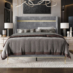 CraftPorch Corduroy Luxurious Gold PU Strip Wingback Velvet Upholstered Bed