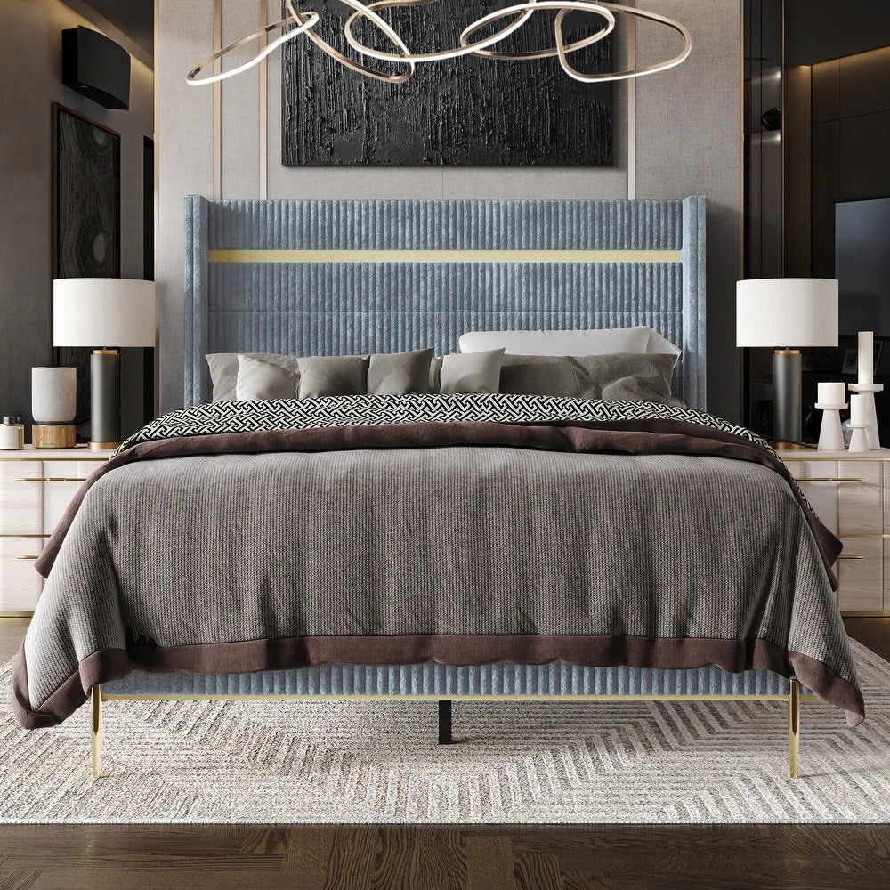 CraftPorch Corduroy Luxurious Gold PU Strip Wingback Velvet Upholstered Bed
