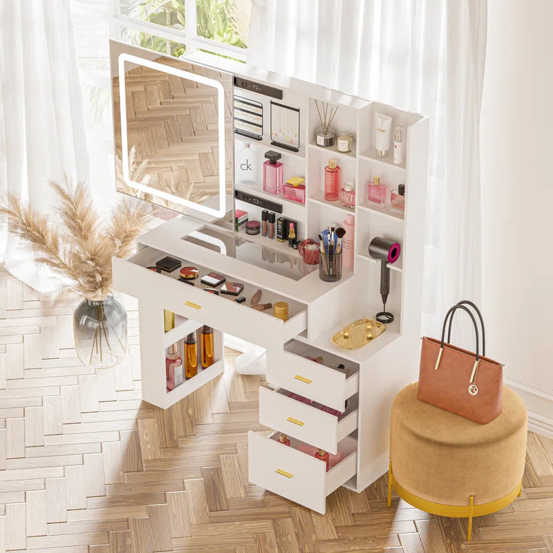 Larbos Vanity with Sliding Lighted Mirror Glass Top With 8 Shelves