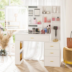 Larbos Vanity with Sliding Lighted Mirror Glass Top With 8 Shelves