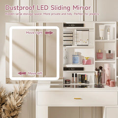 Larbos Vanity with Sliding Lighted Mirror Glass Top With 8 Shelves