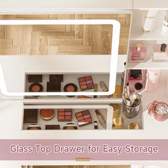 Larbos Vanity with Sliding Lighted Mirror Glass Top With 8 Shelves