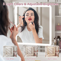 Larbos Vanity with Sliding Lighted Mirror Glass Top With 8 Shelves