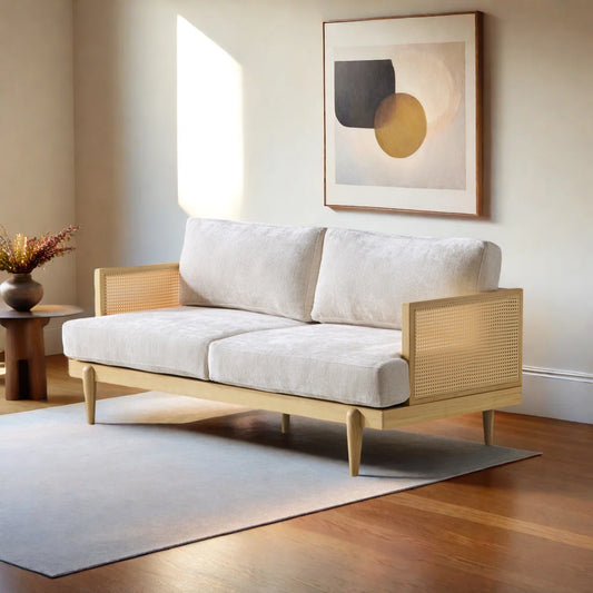3-Seater Sofa With Cane Rattan And Wooden Frame