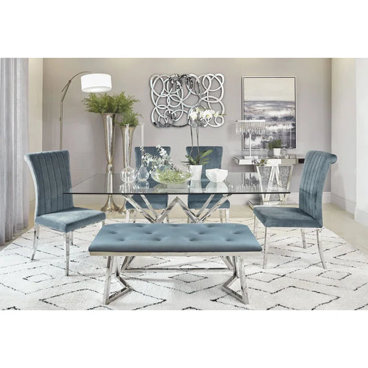 JIMMY New 6 Seater Pedestal Dining Set Glass Top with Bench