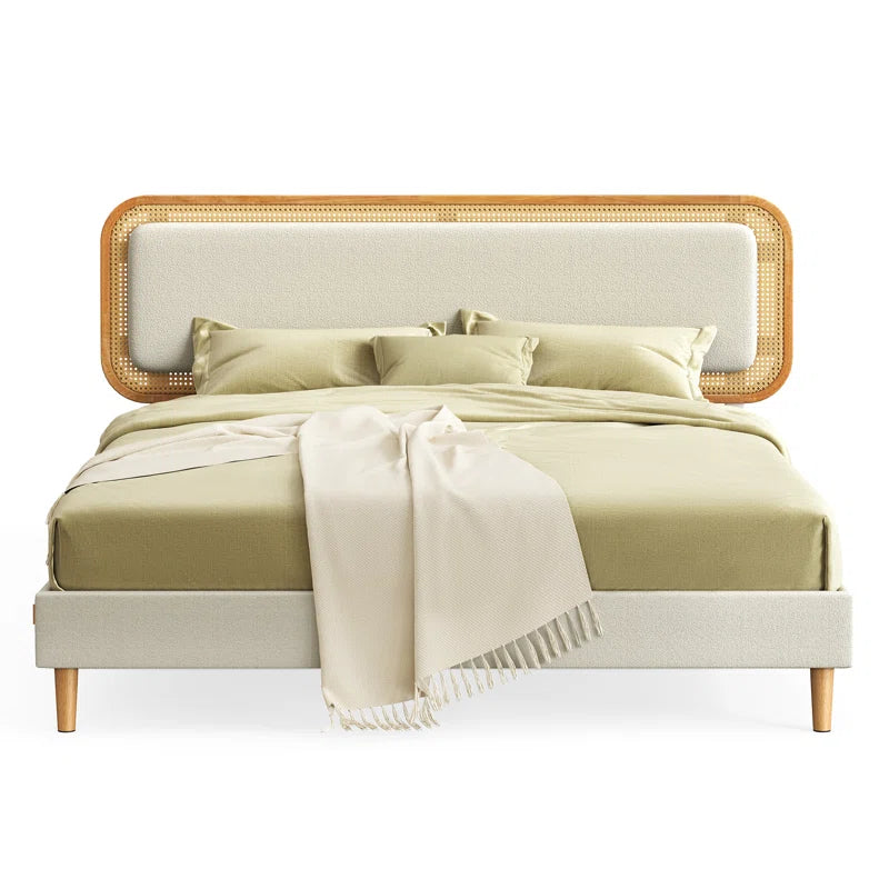 Largiana Queen Bed Frame with Rattan-Like Adjustable Upholstered Headboard