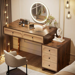 Gaxper Elegant Wooden Makeup Vanity Table with Circular LED Mirror and Cushioned Stool