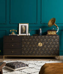 Luxury Dark Wood Sideboard with 3D Geometric Diamond Pattern Brass Inlay & Gold Accents