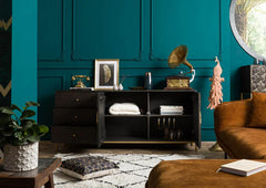 Luxury Dark Wood Sideboard with 3D Geometric Diamond Pattern Brass Inlay & Gold Accents