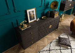 Luxury Dark Wood Sideboard with 3D Geometric Diamond Pattern Brass Inlay & Gold Accents