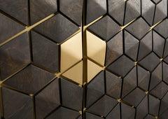 Luxury Dark Wood Sideboard with 3D Geometric Diamond Pattern Brass Inlay & Gold Accents