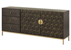 Luxury Dark Wood Sideboard with 3D Geometric Diamond Pattern Brass Inlay & Gold Accents