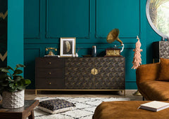 Luxury Dark Wood Sideboard with 3D Geometric Diamond Pattern Brass Inlay & Gold Accents