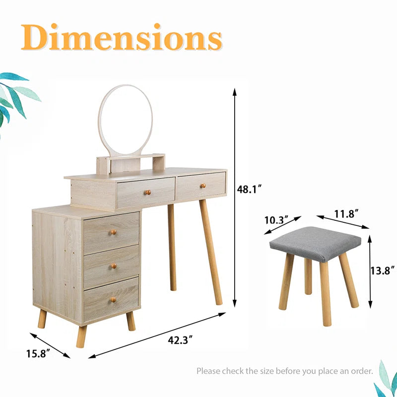 Salistur Classic 2-Drawers Vanity Table with Mirror and Stool, Countryside Makeup Dressing Table