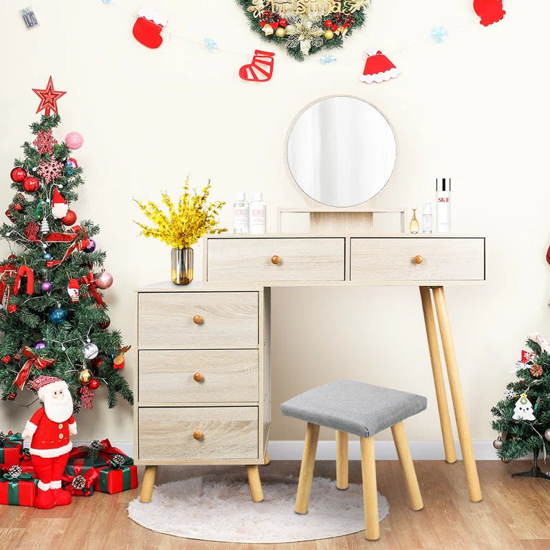 Salistur Classic 2-Drawers Vanity Table with Mirror and Stool, Countryside Makeup Dressing Table