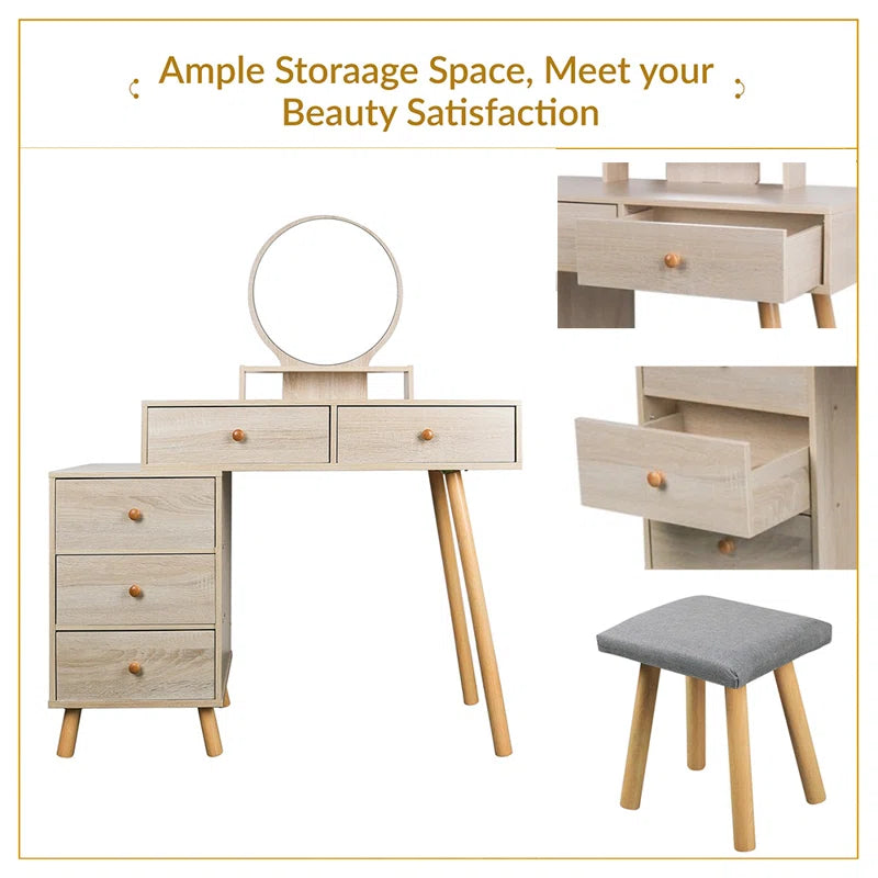 Salistur Classic 2-Drawers Vanity Table with Mirror and Stool, Countryside Makeup Dressing Table
