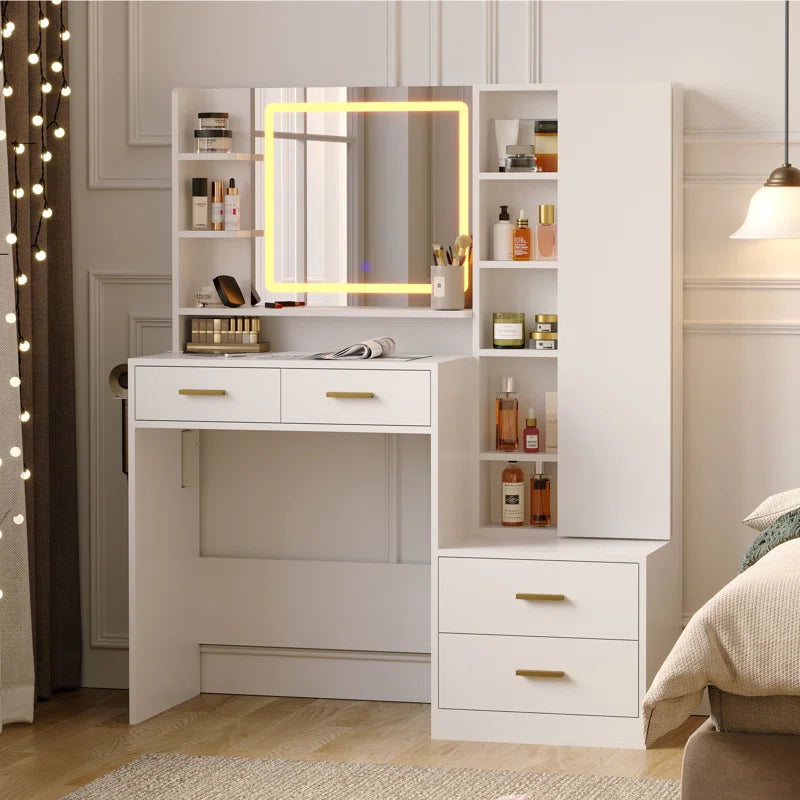 Dressing Table Makeup Vanity With Jewelry Armoire, Lighted Mirror, And Charging Station
