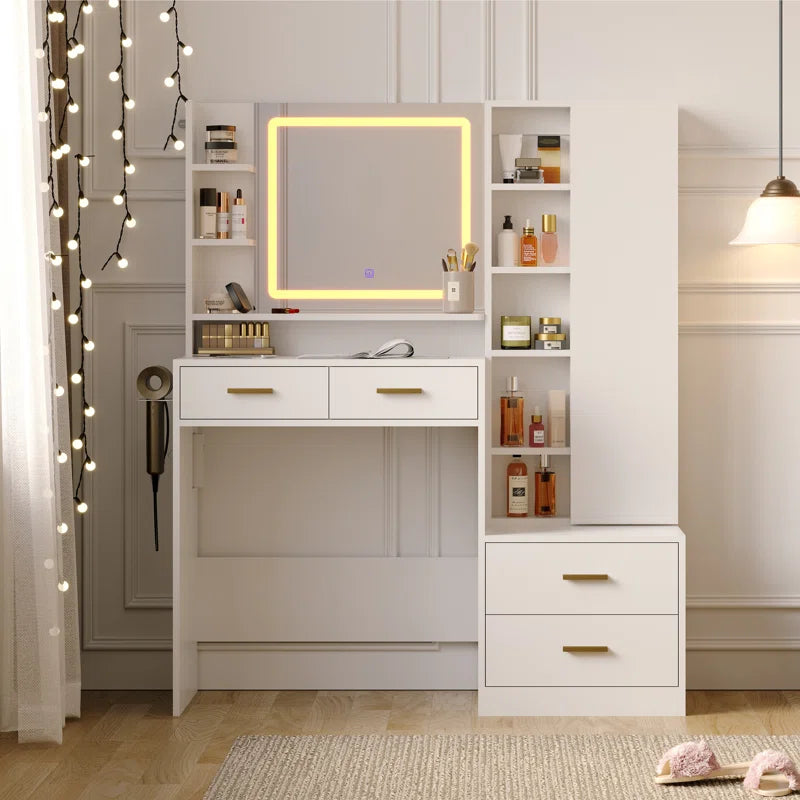 Dressing Table Makeup Vanity With Jewelry Armoire, Lighted Mirror, And Charging Station