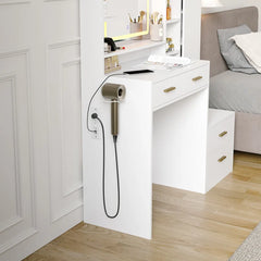 Dressing Table Makeup Vanity With Jewelry Armoire, Lighted Mirror, And Charging Station
