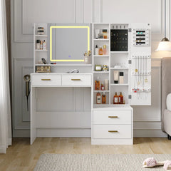 Dressing Table Makeup Vanity With Jewelry Armoire, Lighted Mirror, And Charging Station