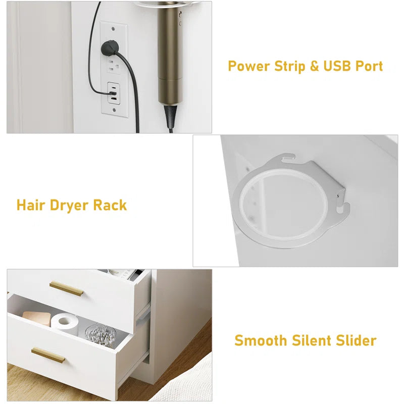 Dressing Table Makeup Vanity With Jewelry Armoire, Lighted Mirror, And Charging Station
