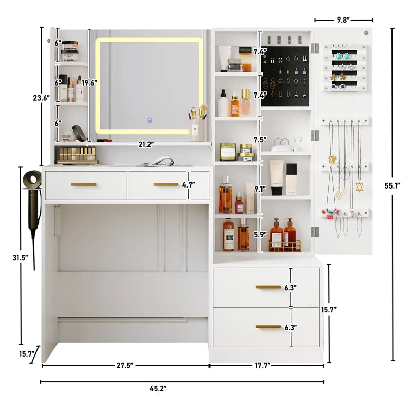 Dressing Table Makeup Vanity With Jewelry Armoire, Lighted Mirror, And Charging Station