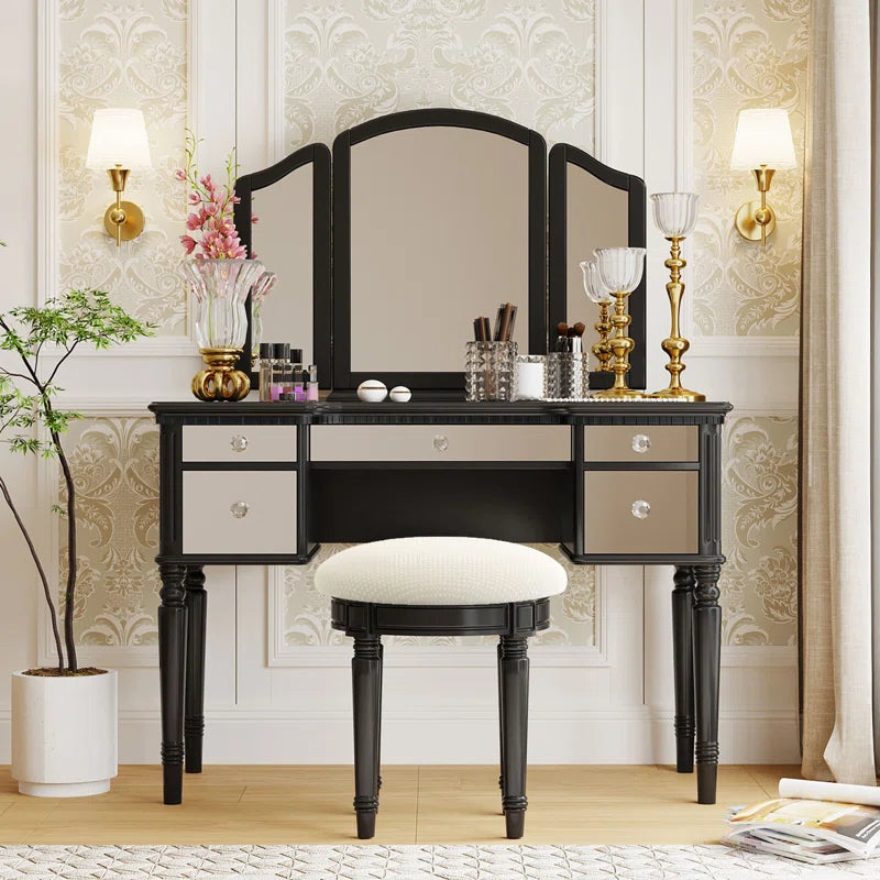 Jacloper Vanity Dressing Table with Mirrored Drawers and Stool - Wooden bazar
