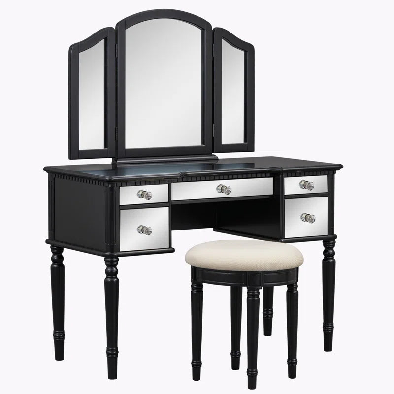 Jacloper Vanity Dressing Table with Mirrored Drawers and Stool - Wooden bazar