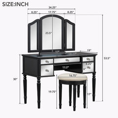 Jacloper Vanity Dressing Table with Mirrored Drawers and Stool - Wooden bazar