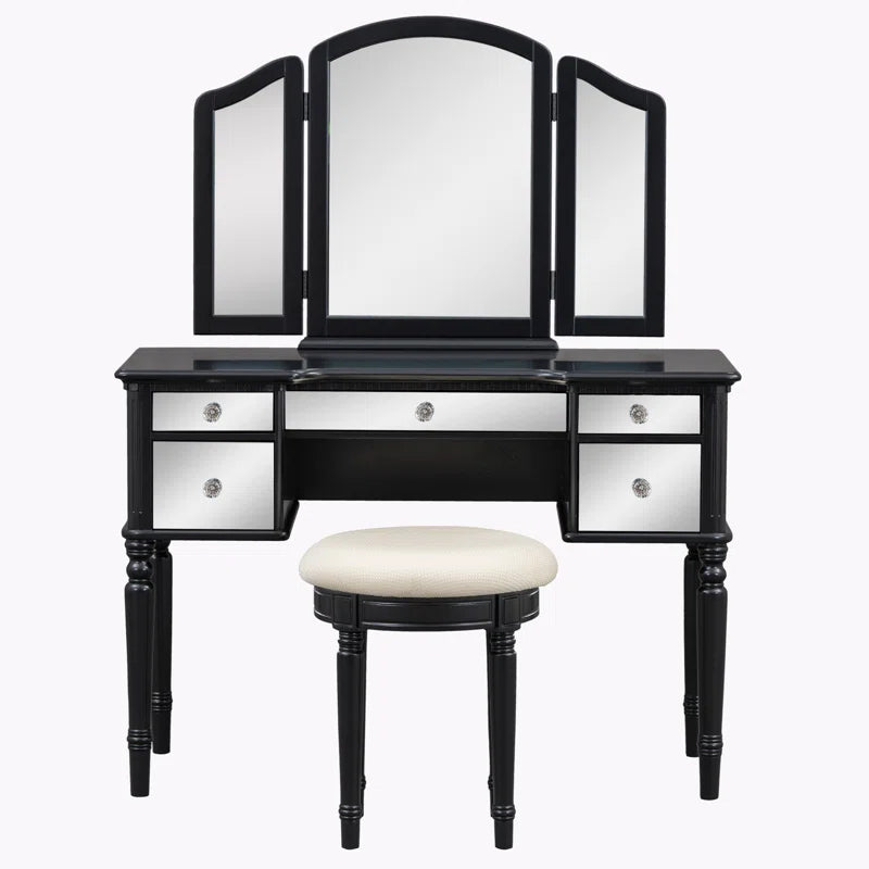 Jacloper Vanity Dressing Table with Mirrored Drawers and Stool - Wooden bazar