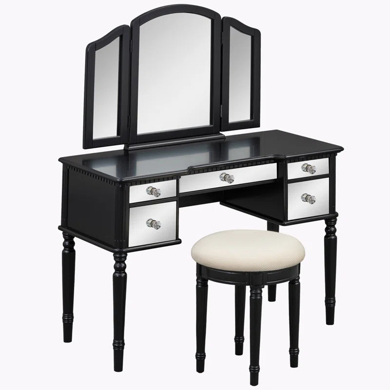 Jacloper Vanity Dressing Table with Mirrored Drawers and Stool - Wooden bazar