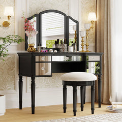 Jacloper Vanity Dressing Table with Mirrored Drawers and Stool - Wooden bazar