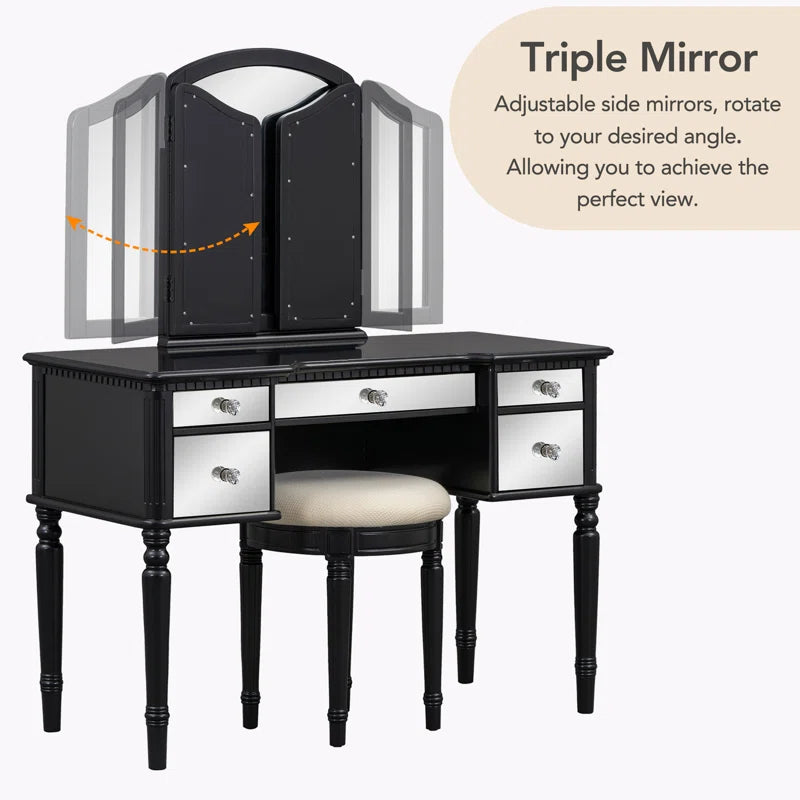 Jacloper Vanity Dressing Table with Mirrored Drawers and Stool - Wooden bazar