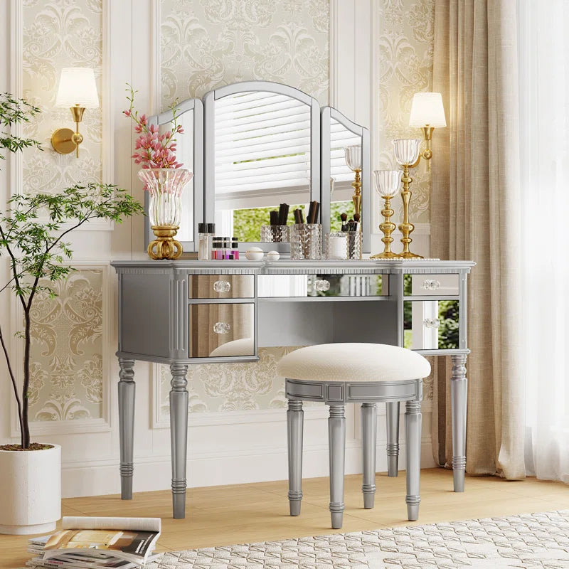 Jacloper Vanity Dressing Table with Mirrored Drawers and Stool - Wooden bazar