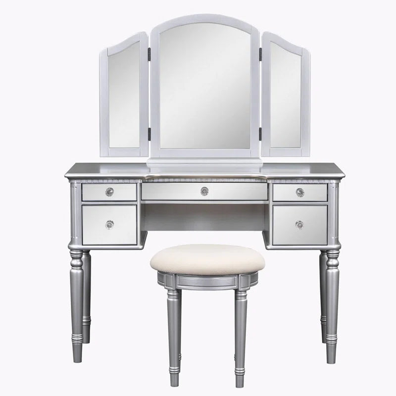 Jacloper Vanity Dressing Table with Mirrored Drawers and Stool - Wooden bazar