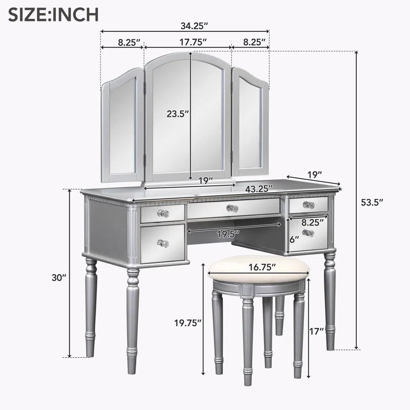 Jacloper Vanity Dressing Table with Mirrored Drawers and Stool - Wooden bazar