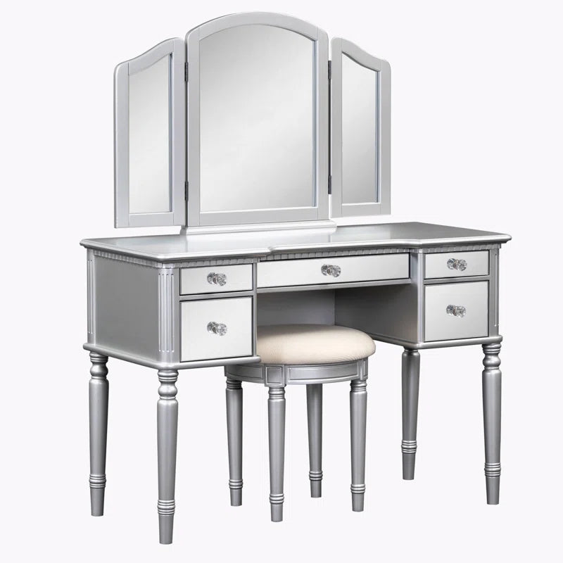 Jacloper Vanity Dressing Table with Mirrored Drawers and Stool - Wooden bazar