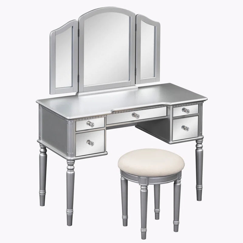 Jacloper Vanity Dressing Table with Mirrored Drawers and Stool - Wooden bazar