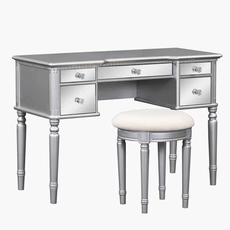 Jacloper Vanity Dressing Table with Mirrored Drawers and Stool - Wooden bazar