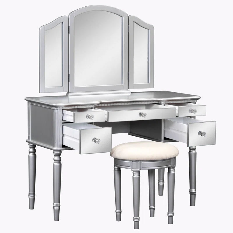 Jacloper Vanity Dressing Table with Mirrored Drawers and Stool - Wooden bazar