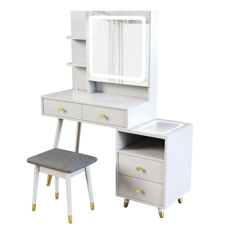 Hazlwod Dressing Table With Mirror And Stool - Wooden Bazar