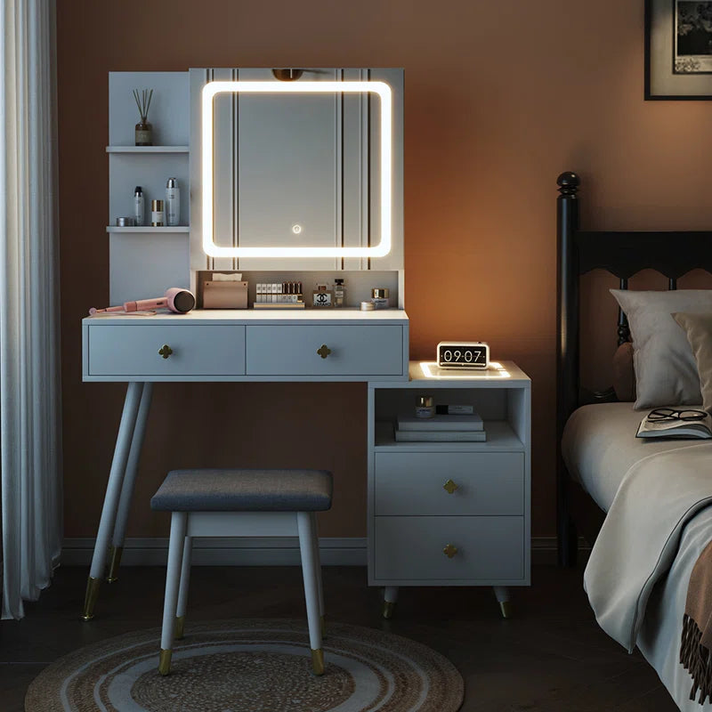 Hazlwod Dressing Table With Mirror And Stool - Wooden Bazar