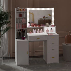 Keaslmuion Vanity with Outlet Hollywood Makeup Table with 5 Drawers