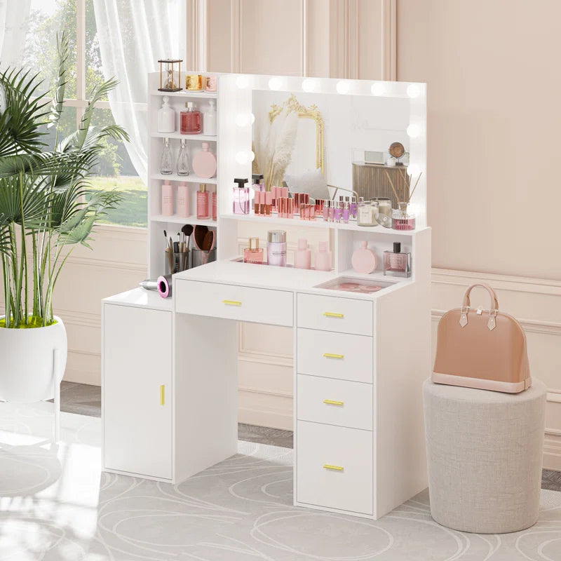 Keaslmuion Vanity with Outlet Hollywood Makeup Table with 5 Drawers