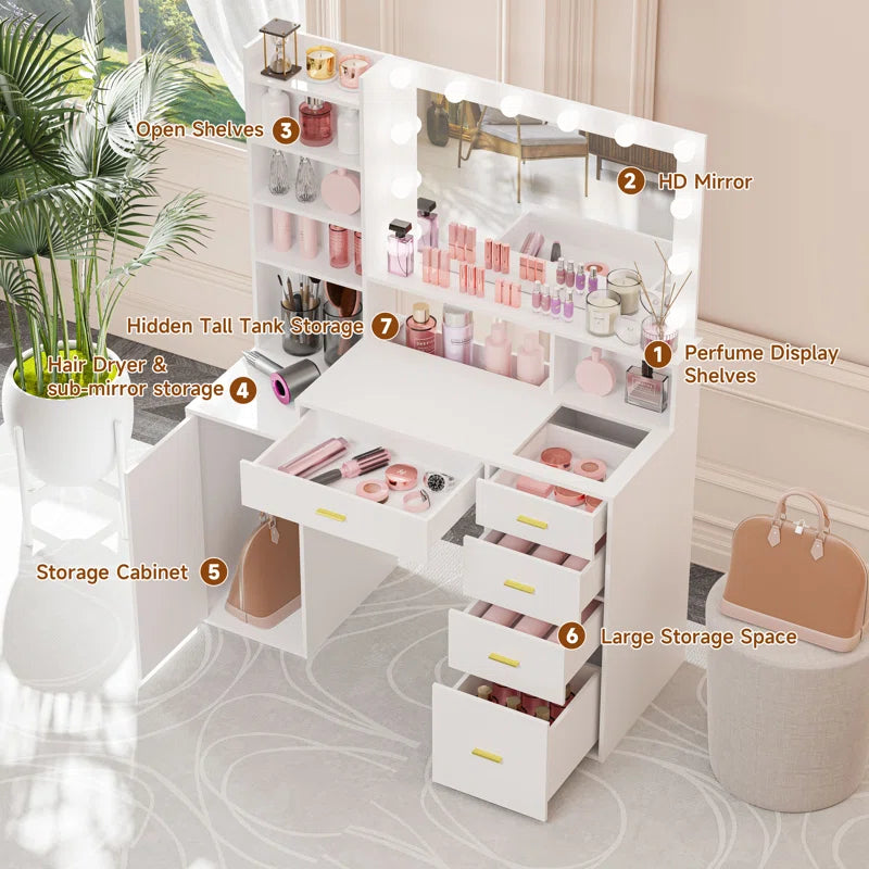 Keaslmuion Vanity with Outlet Hollywood Makeup Table with 5 Drawers