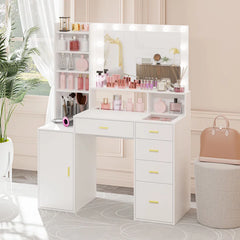 Keaslmuion Vanity with Outlet Hollywood Makeup Table with 5 Drawers