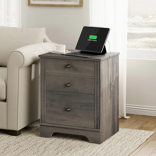 End Table with Charging Station, Side Table with Storage, 2 Power outlets & 2 USB Ports for Living Room