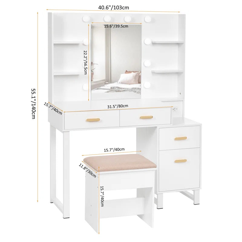 Zeplon White Vanity Dressing Table with mirror and stool- Wooden Bazar