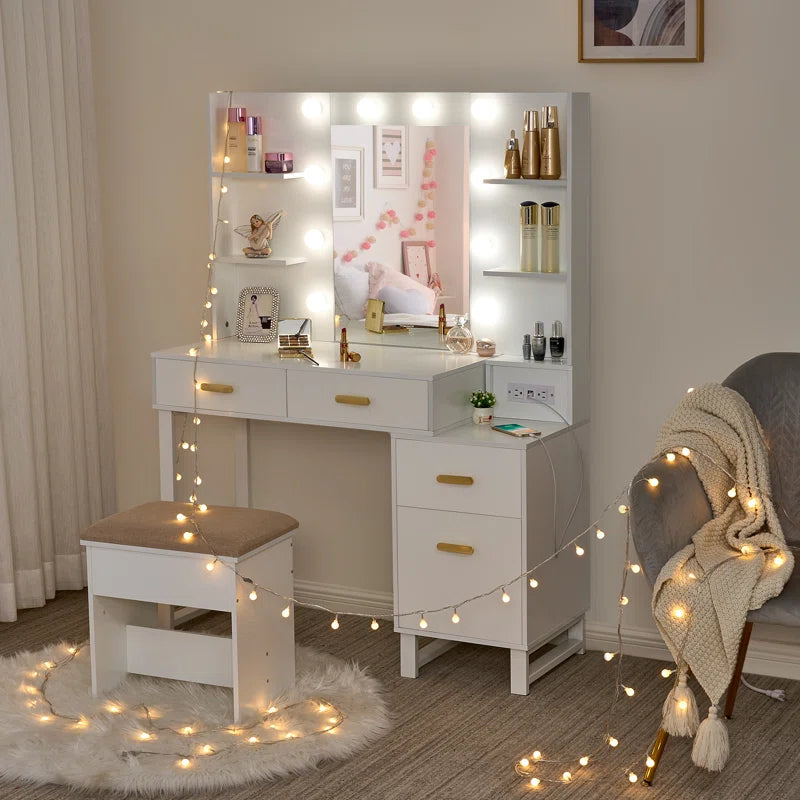 Zeplon White Vanity Dressing Table with mirror and stool- Wooden Bazar