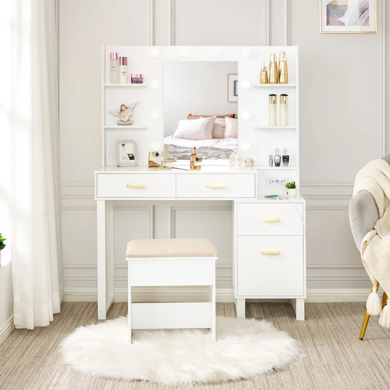 Zeplon White Vanity Dressing Table with mirror and stool- Wooden Bazar